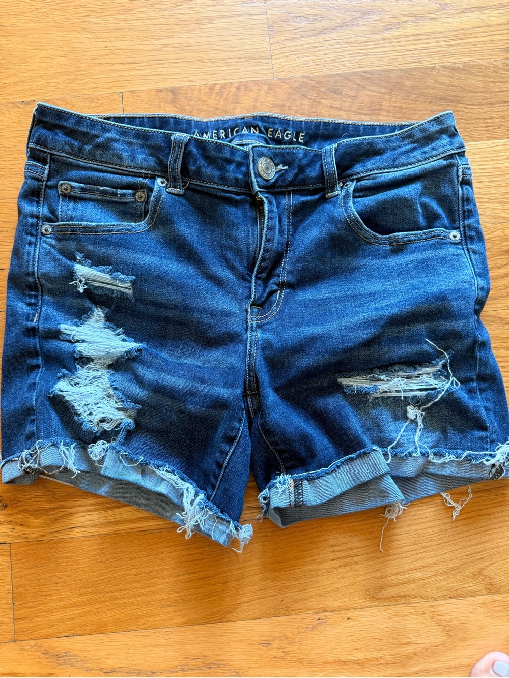 American Eagle Blue Distressed Rolled-Hem Denim Shorts. Next Level Stretch